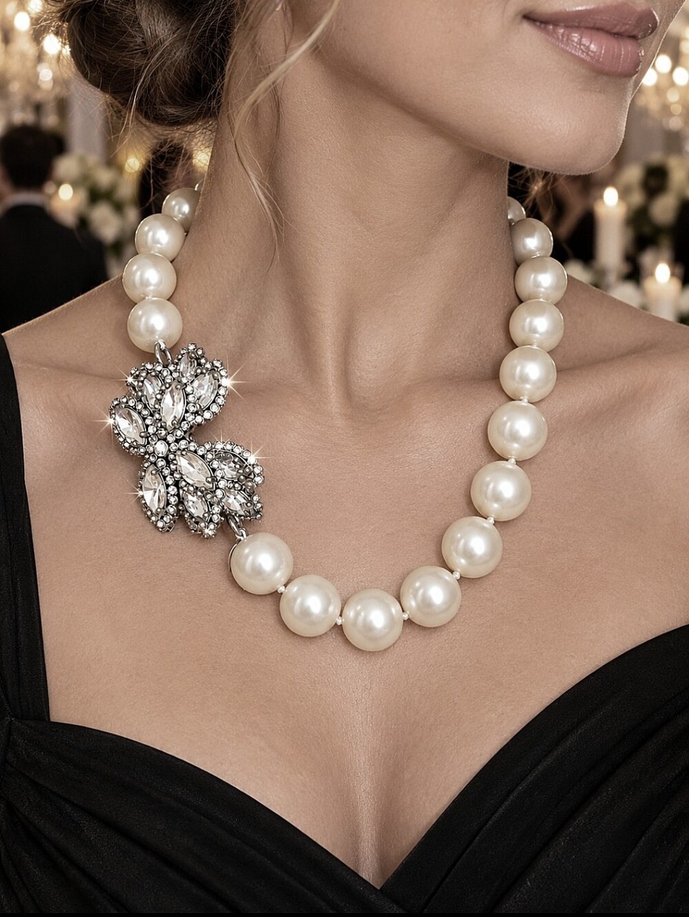 Ann Taylor Runway Oversized Faux Pearl Statement Necklace Bride Rhinestone Clasp